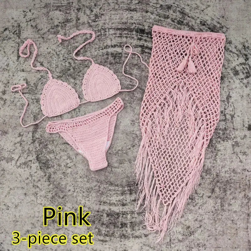 2023 New Crochet 3 Pieces sets Beachwear Sexy women Bikini set and Hollow Out Tassel Skirts Cover-ups
