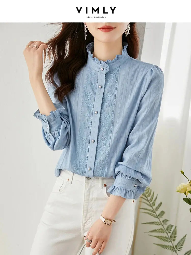 Vimly Ruffles Stand Collar Embroidery Shirt for Women Spring 2023 Loose 100% Cotton Button Down Casual Shirts Long Sleeve Tops