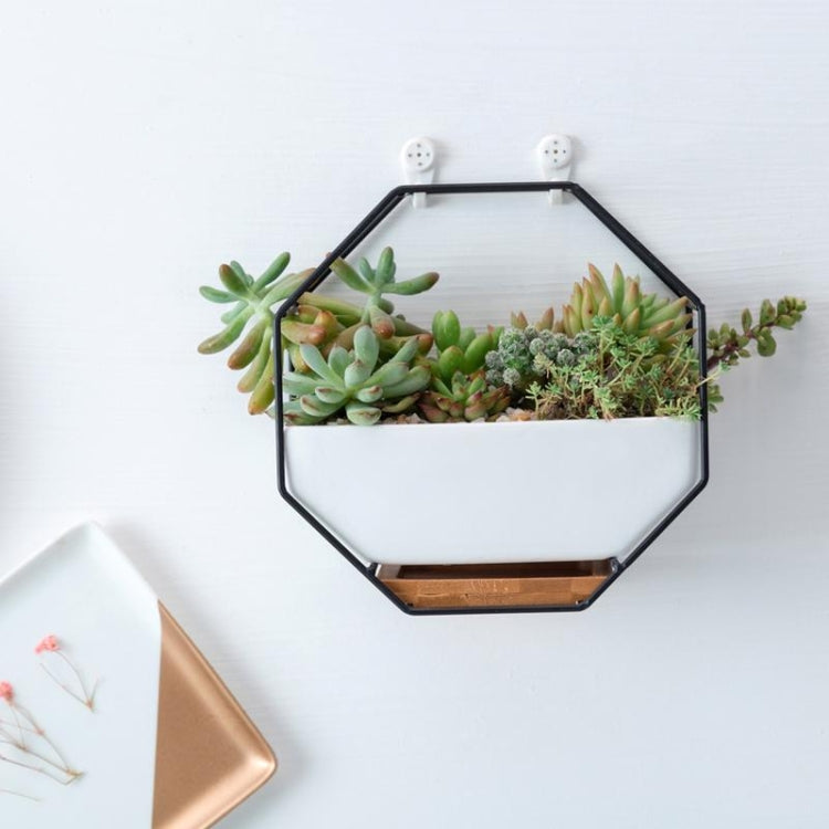 Simple Octagonal Geometric Wall Hanging Table Succulent Platter Bamboo Support Iron Frame Flower Pot(Gold)
