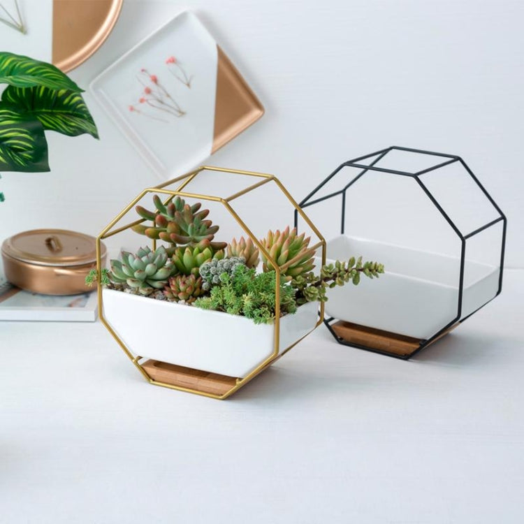 Simple Octagonal Geometric Wall Hanging Table Succulent Platter Bamboo Support Iron Frame Flower Pot(Gold)