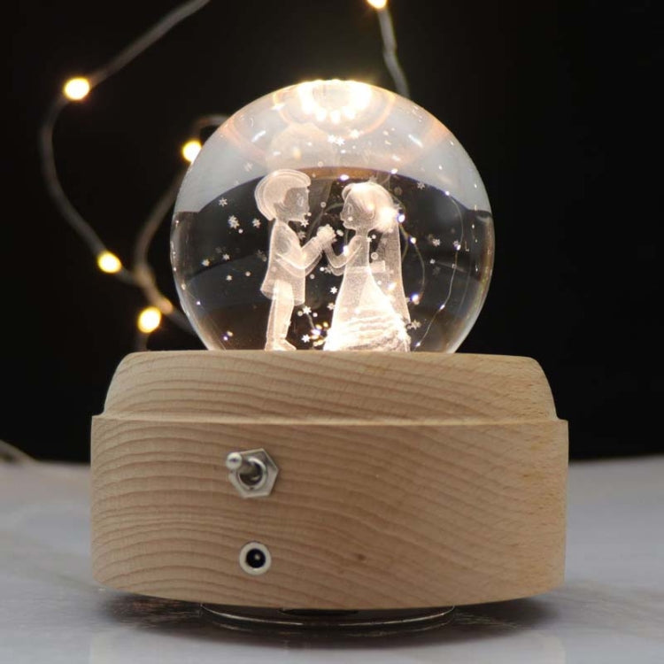 Girl Bedside Lamp Crystal Ball Wooden Base Music Box Charging Glow Rotating Night Light, Random Music(Bride And Groom)