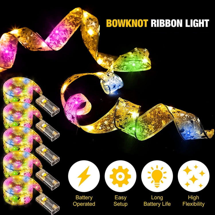 1m 10LEDs-Button Battery LED Christmas Tree Decoration Bronzing Ribbon Lights(Gold-Colorful)