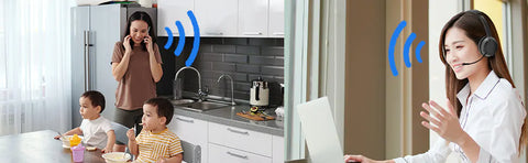 women on phone call two babies on left mom holding phone woman on right using Avantree Alto 8060 with boom mic