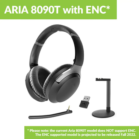 Avantree aria 8090T bluetooth headphones with detachable boom mic charging stand, and usb dongle and notice of ENc compatible version projected launch fall 2022