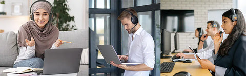 woman studying at home man working on laptop woman in call center