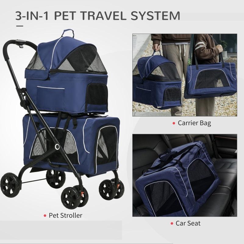 3-in-1 Double Pet Stroller for Small Miniature Dogs Cats with Removable Carrier