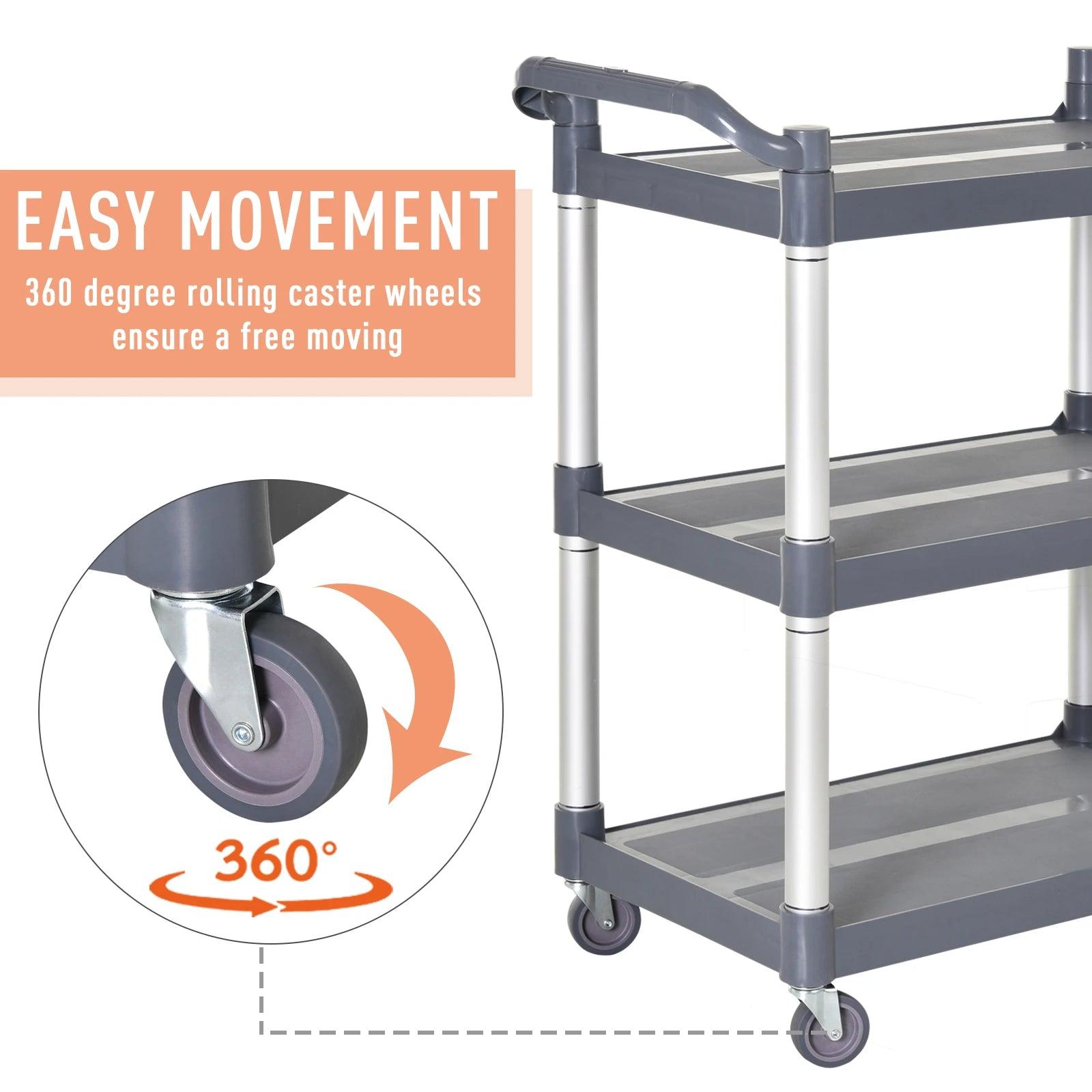 3-Tier Utility Cart Large Rolling Storage Trolley with 3 Shelves Metal Clean Service Cart, Restaurant, Hotel, Livingroom, Silver and Grey