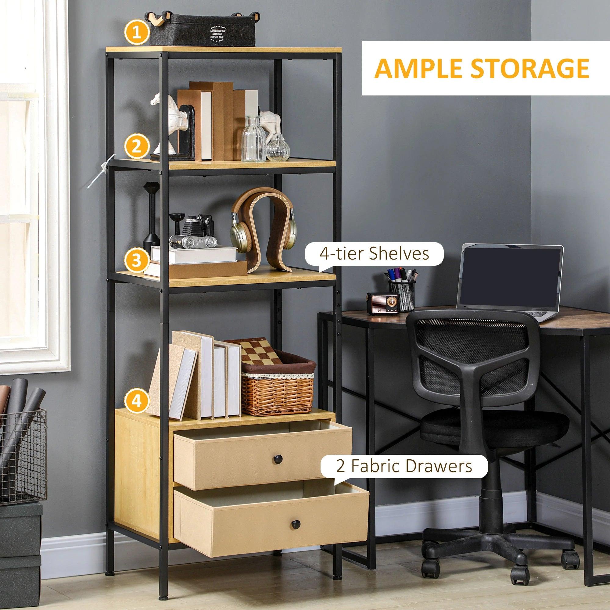 4-tier Storage Shelving Unit with 2 Fabric Drawers, Modern Bookshelf with Open Shelves for Living Room, Home Office, Bedroom, Oak
