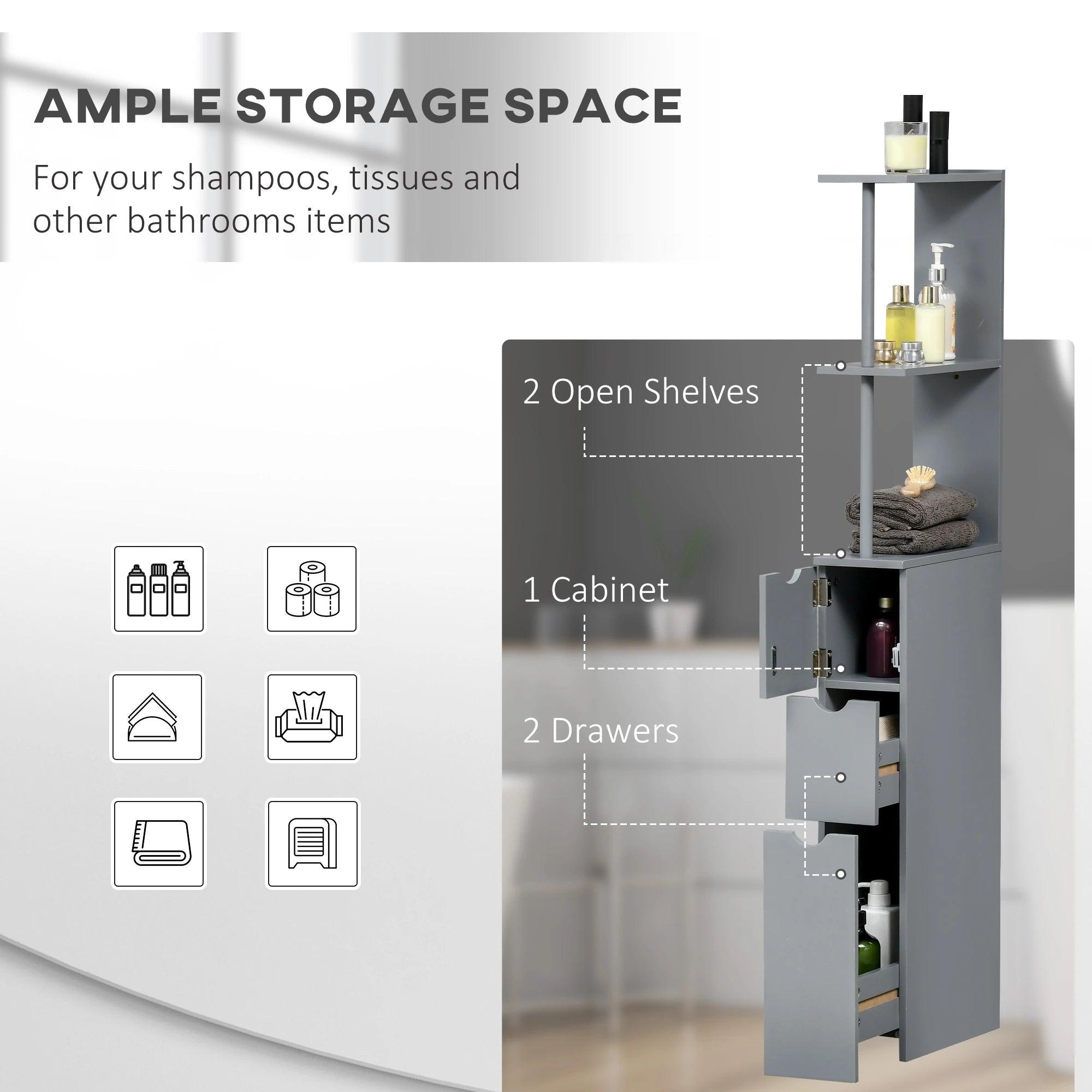 Tall Bathroom Storage Cabinet Scrolled Cupboard Drawer with Open Shelves Space Saving Design