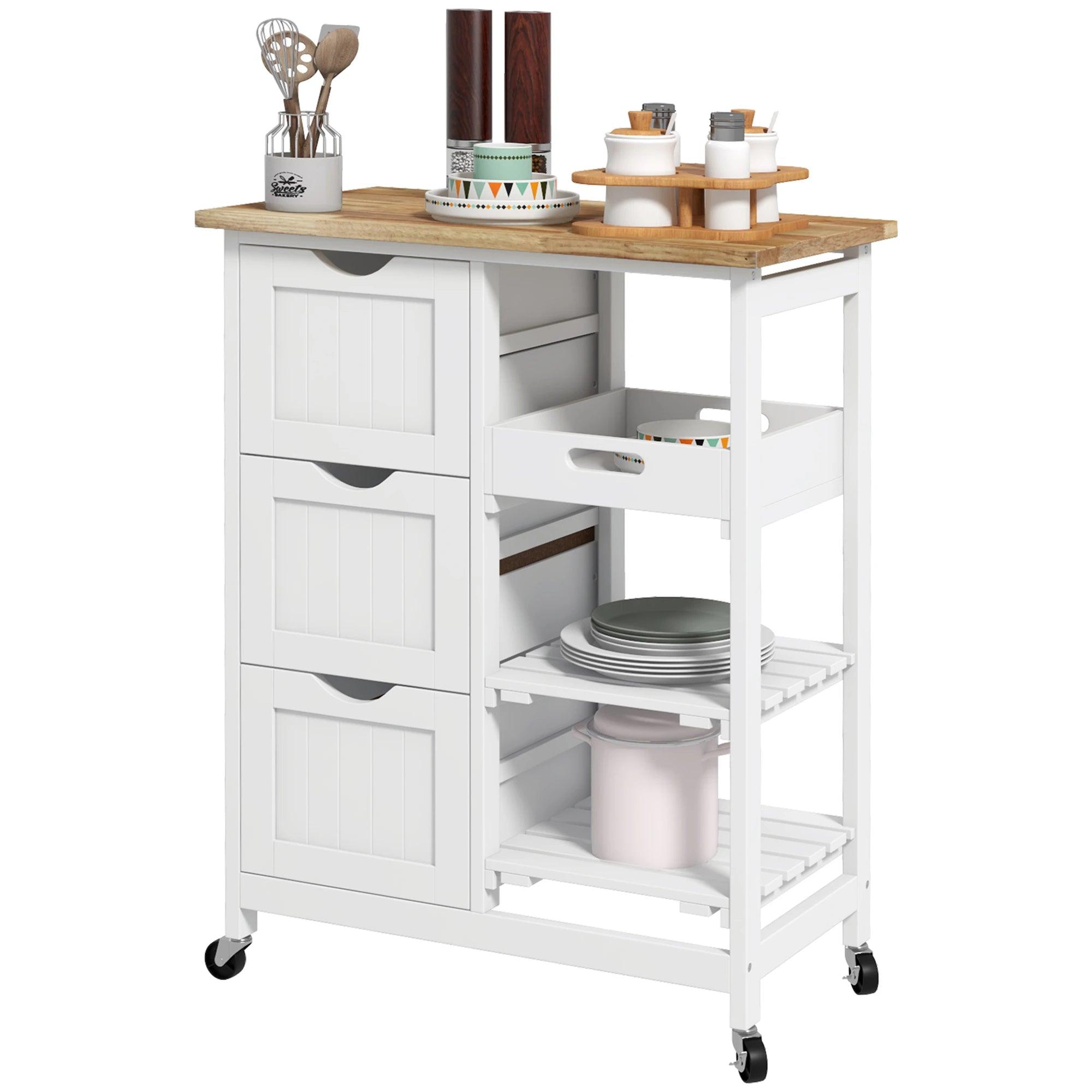 Kitchen Cart on Wheels, Rolling Kitchen Island Cart with Wood Top, 3 Drawers and Shelves for Home Dining Area