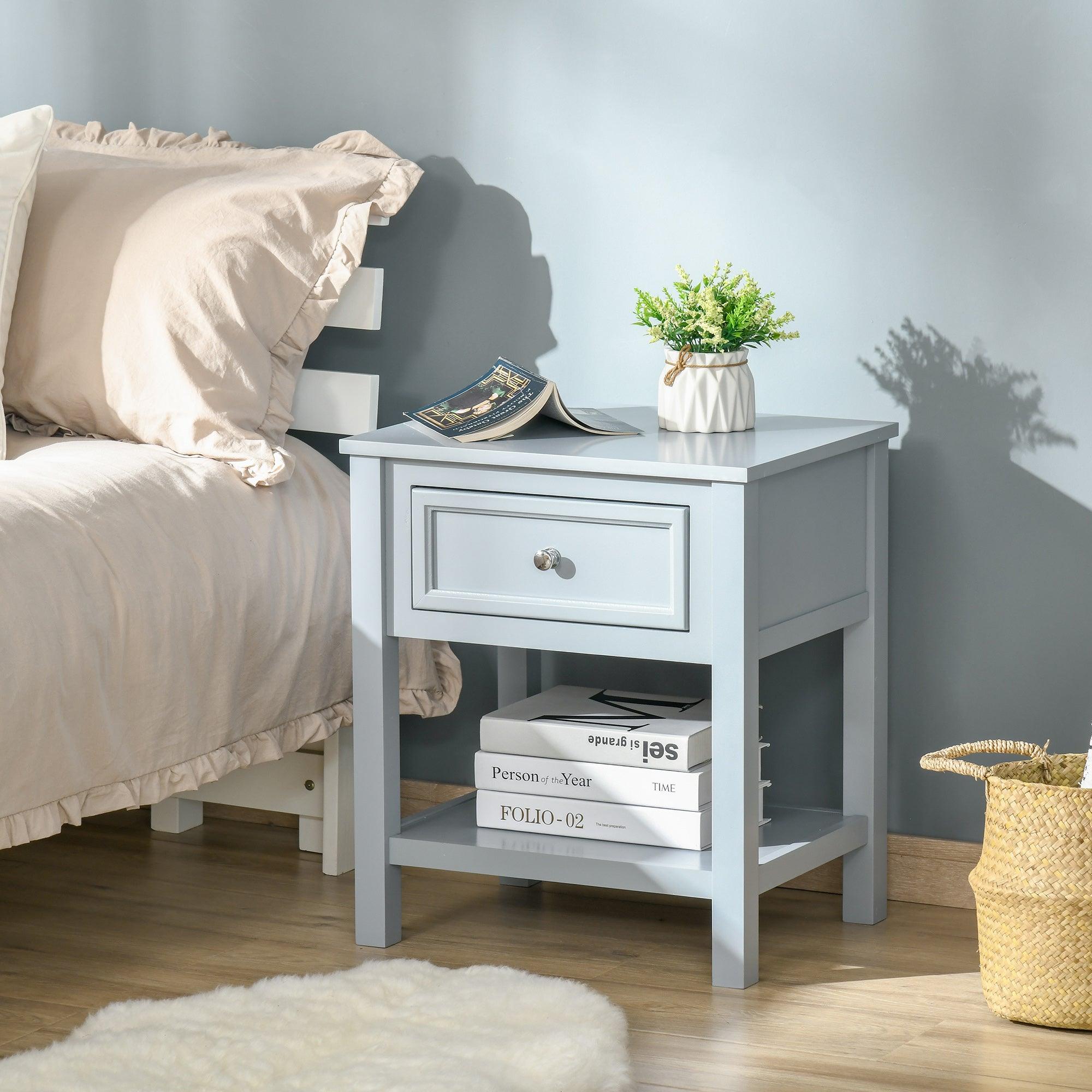 Accent End Table Nightstand with Grey Tabletop, Storage Drawer, and Bottom Shelf, Grey