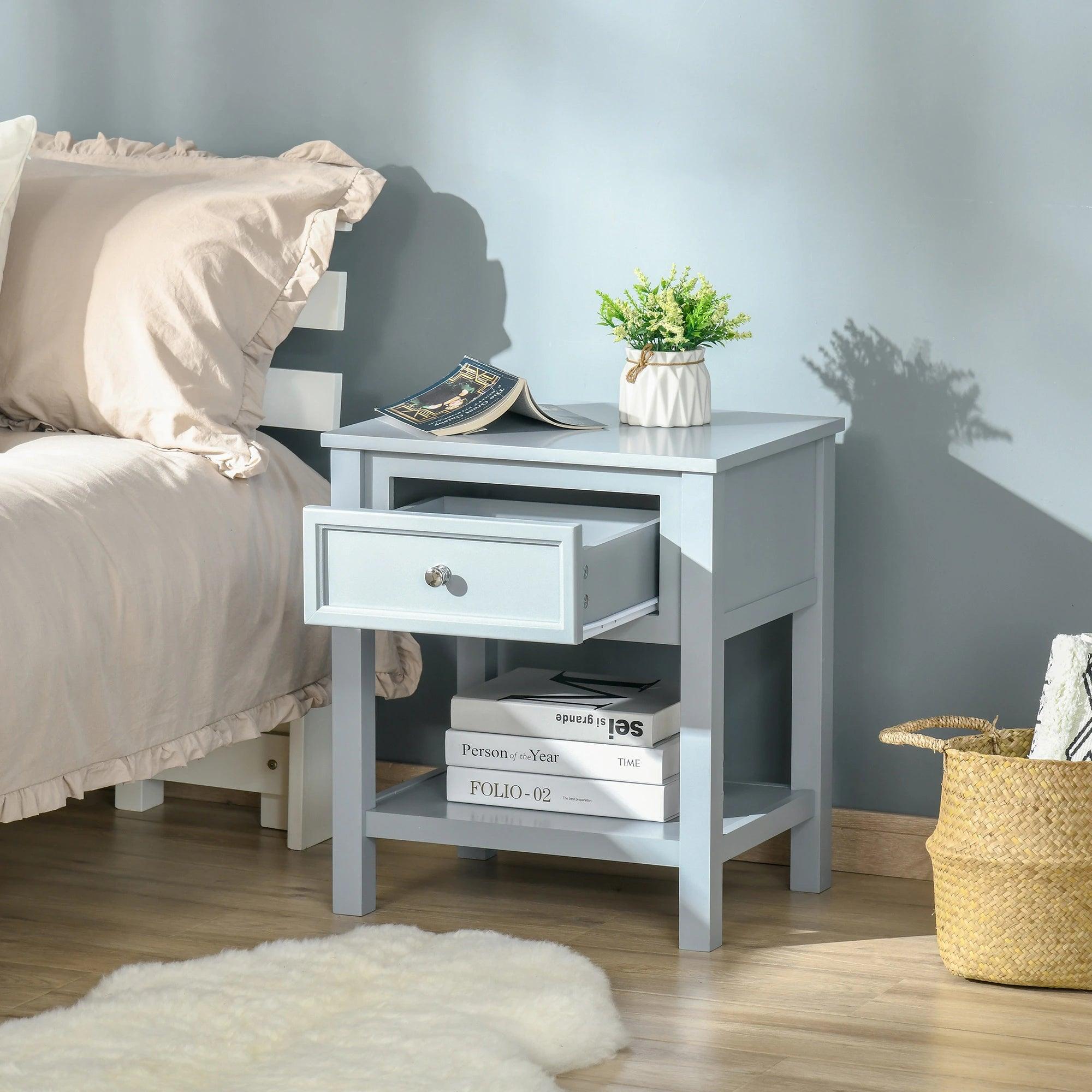 Accent End Table Nightstand with Grey Tabletop, Storage Drawer, and Bottom Shelf, Grey
