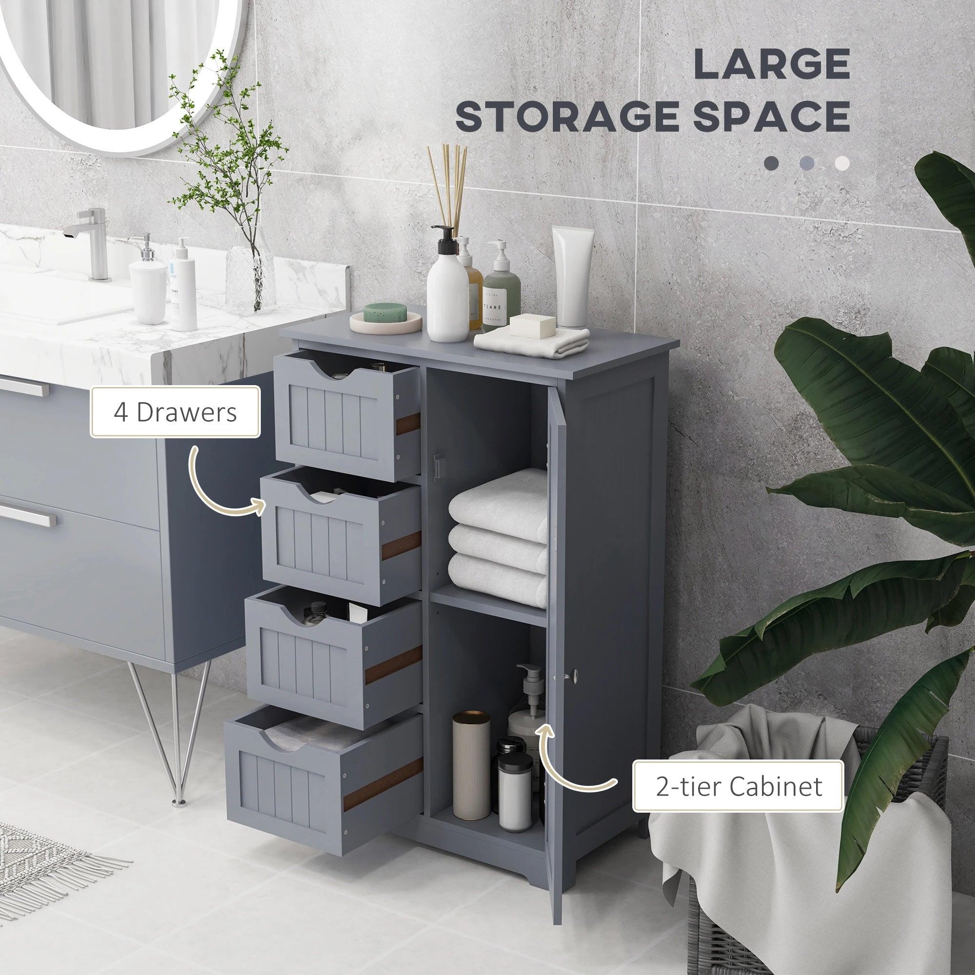 Bathroom Storage Cabinet, Floor Cabinet with Adjustable Shelf and 4 Drawers, Side Cabinet for Washroom, Grey