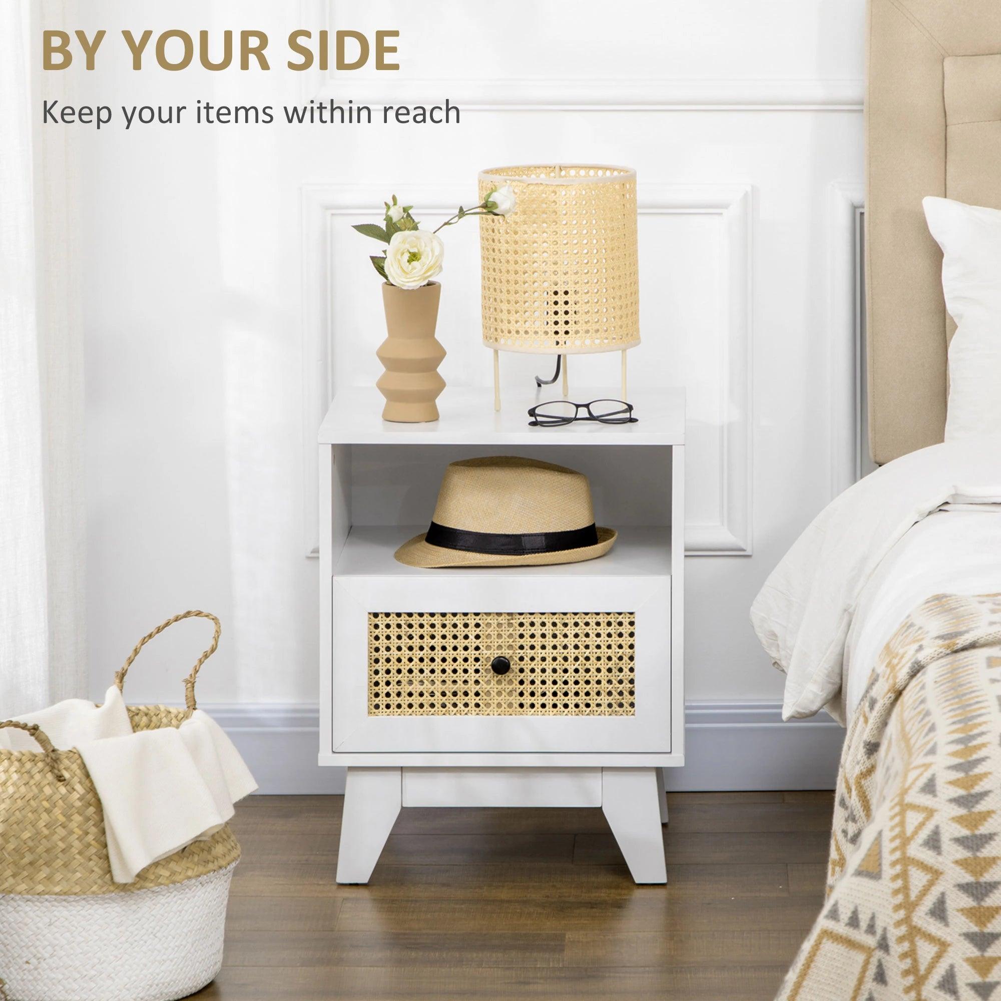 Bedside Table with Rattan Element, Side End Table with Drawer and Shelf, 17.7