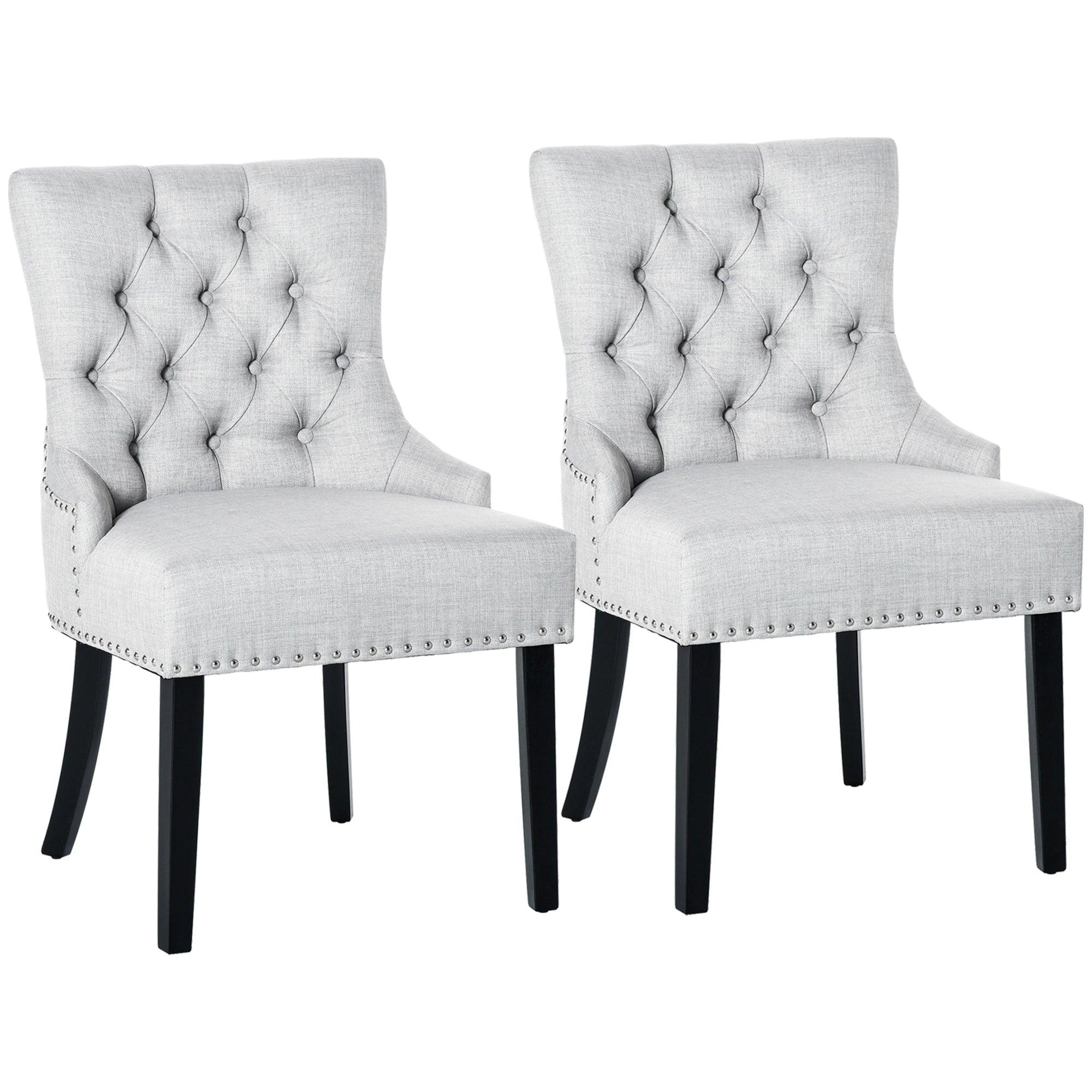 Button-Tufted Dining Chair, Fabric Upholstered Accent Chair with Nailed Trim & Wood Legs for Living Room, Set of 2, Light Grey