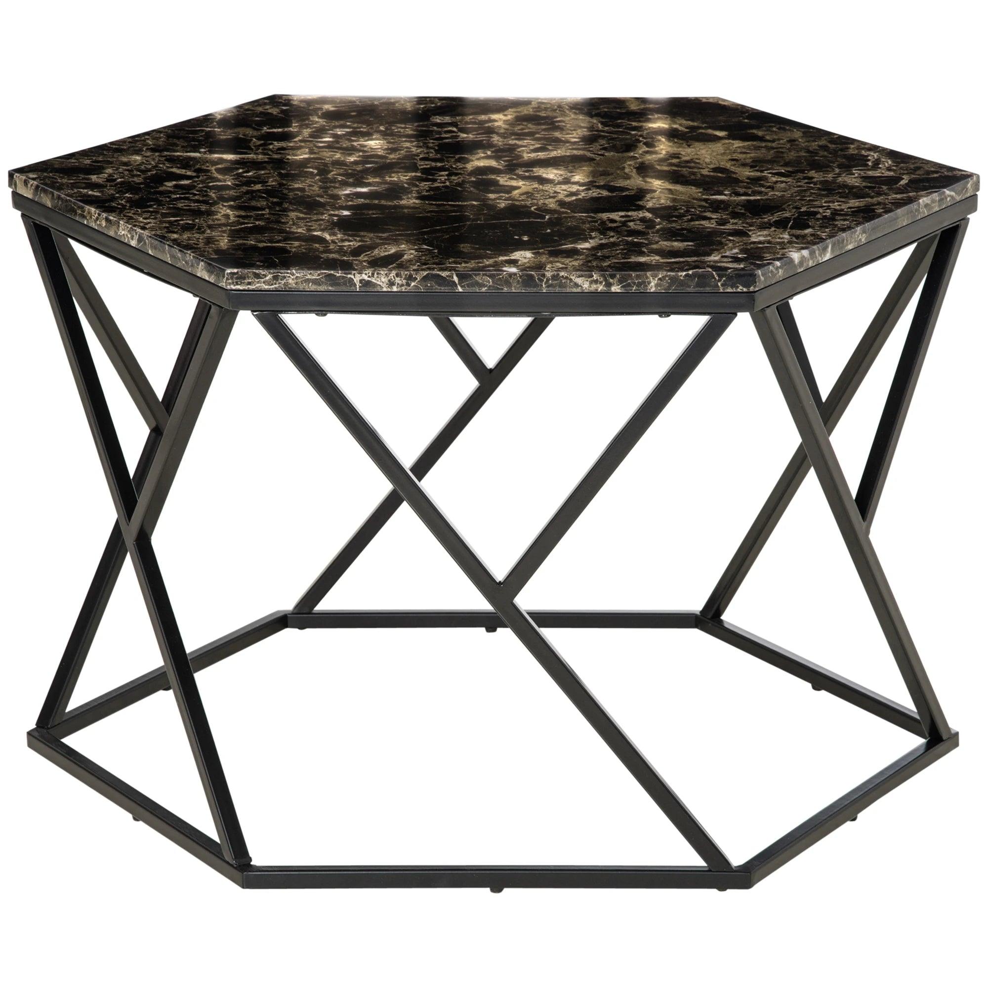 Coffee Table with High Gloss Marble Tabletop, Modern Cocktail Table with Steel Frame for Living Room, Black
