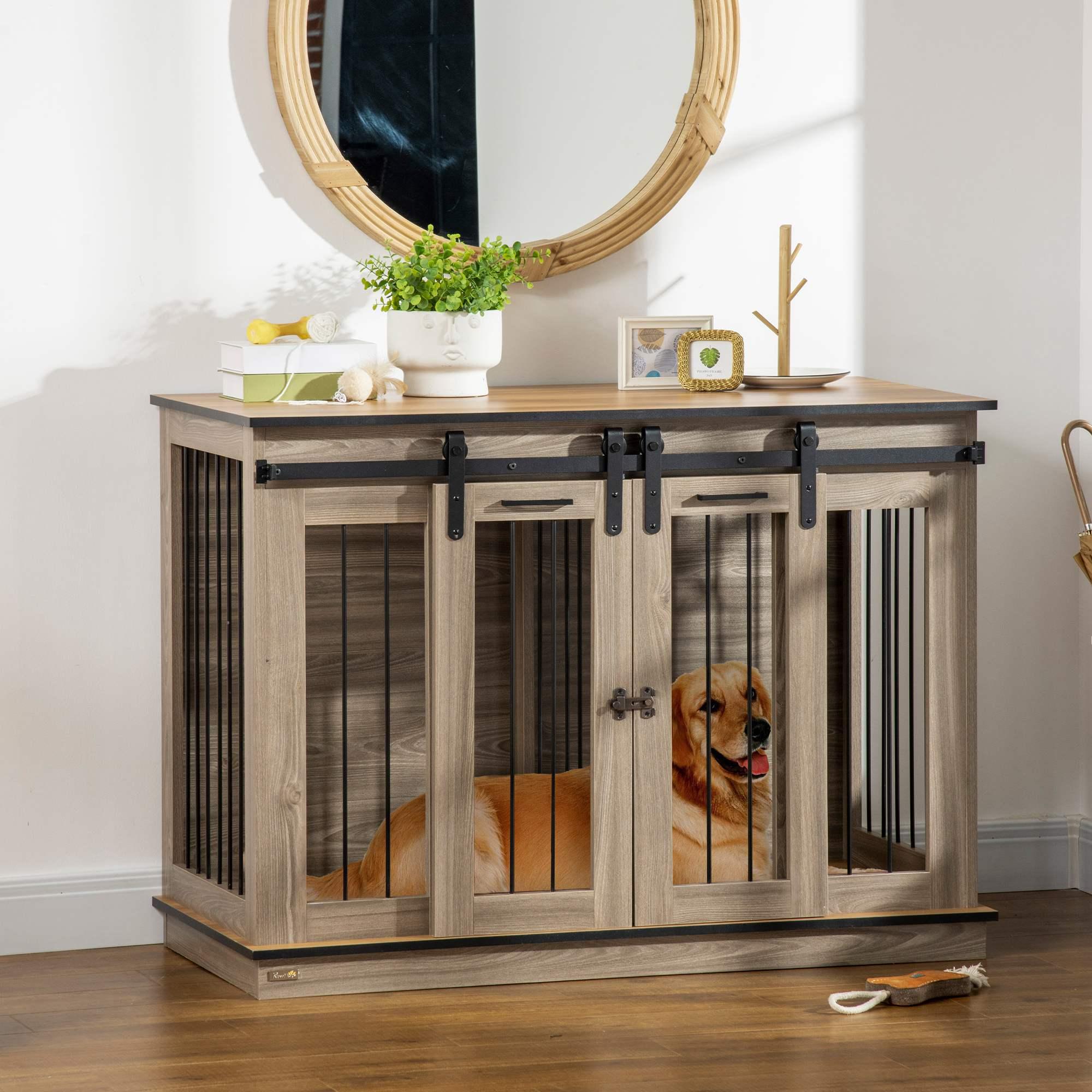 Dog Crate Furniture with Divider Panel, Wooden Dog Kennel TV Stand for Large Dogs