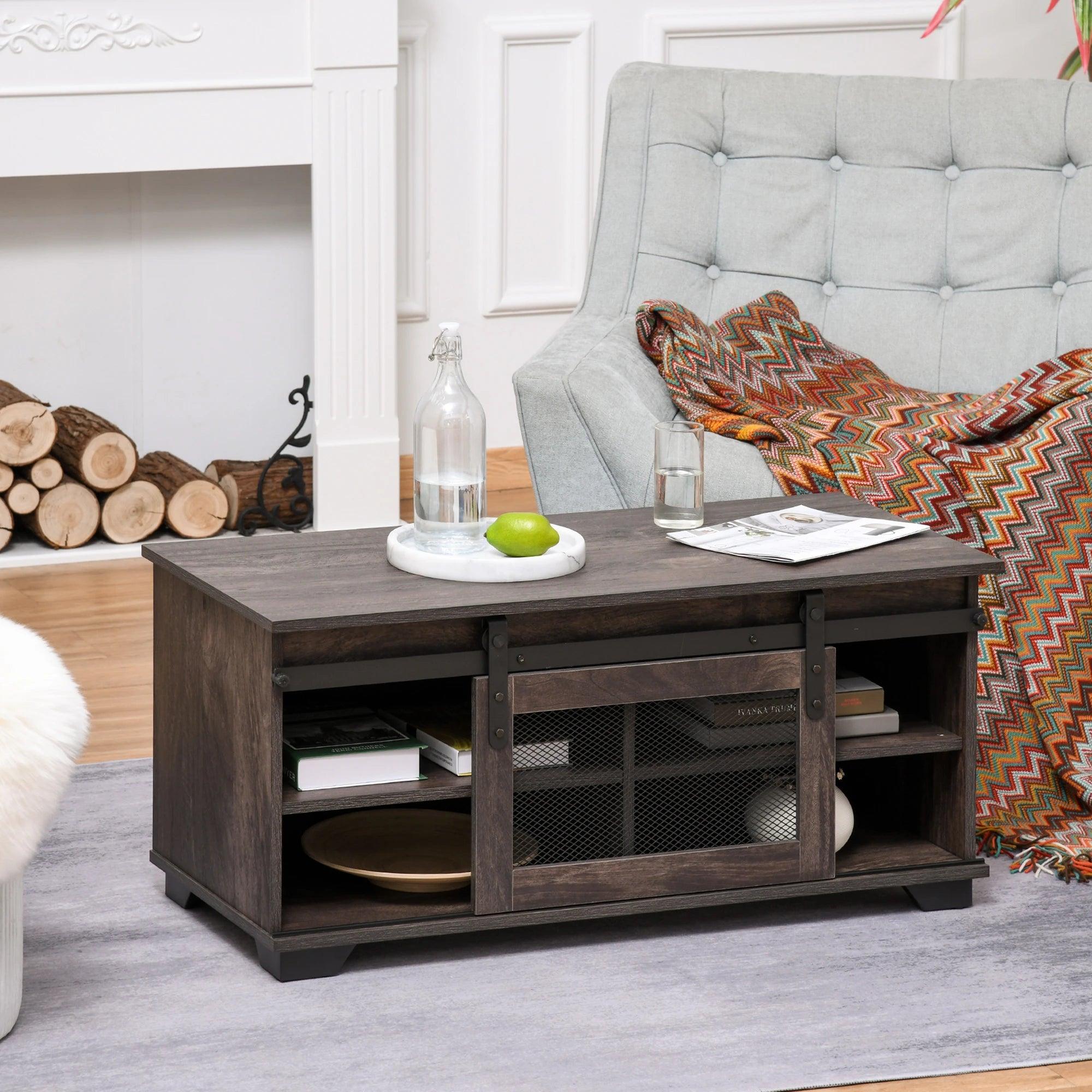 Farmhouse Coffee Table with Sliding Mesh Barn Door