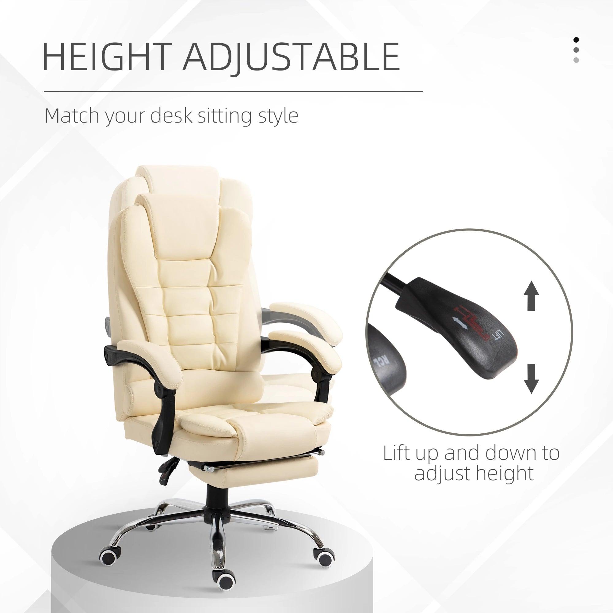 High Back Office Chair PU Leather Executive Office Chair with Retractable Footrest Padded Armrest Cream White