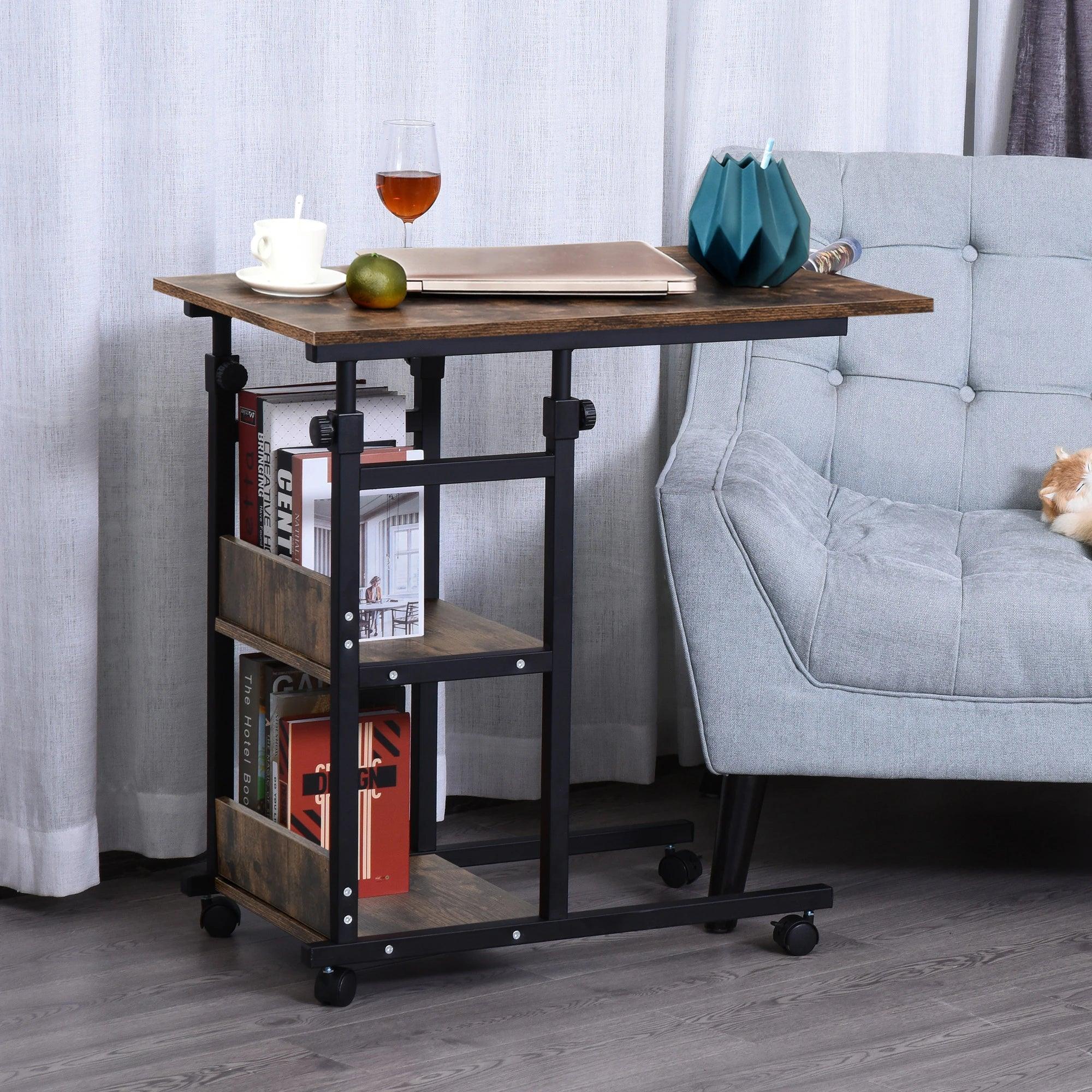 Industrial Mobile Side Table, C-Shaped End Table with 3-Tier Storage Shelves