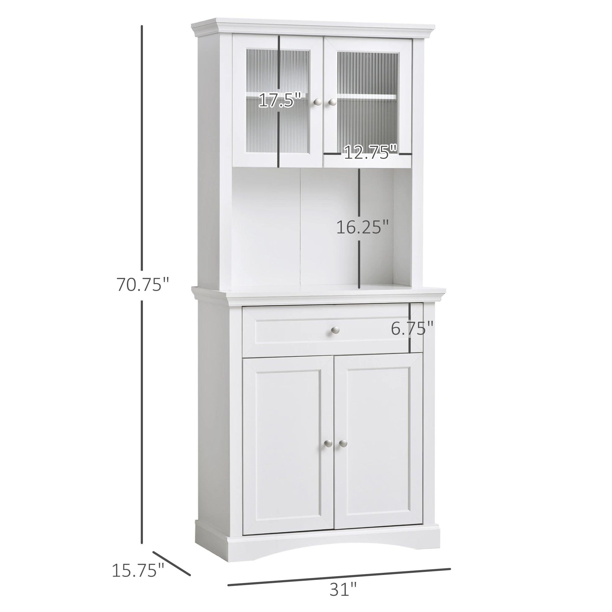 Kitchen Pantry, Freestanding Storage Cabinet, Cupboard with Drawer, Glass Doors, Adjustable Shelving, White