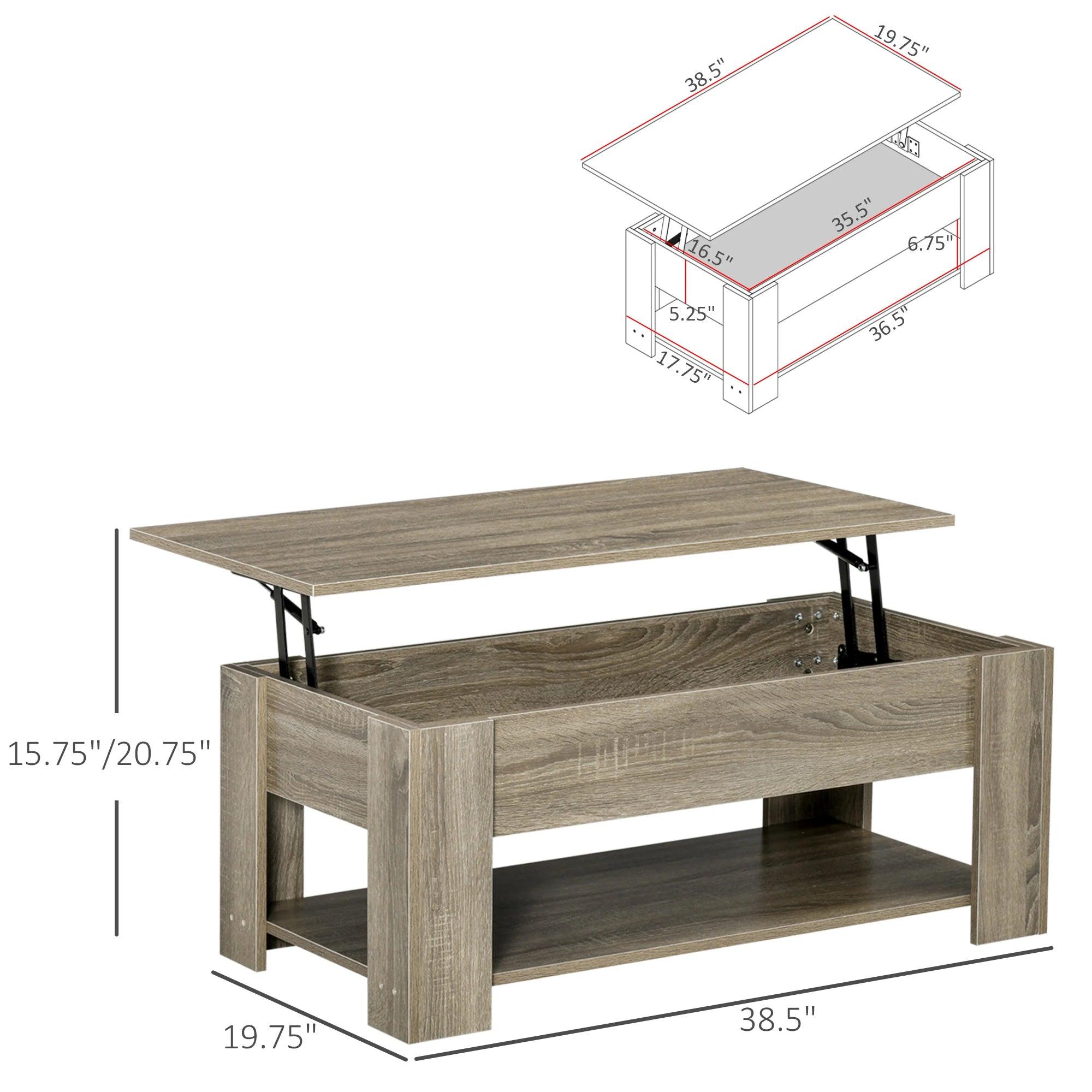 Lift Top Coffee Table with Hidden Storage Compartment and Open Shelf, Center Table for Living Room, Grey