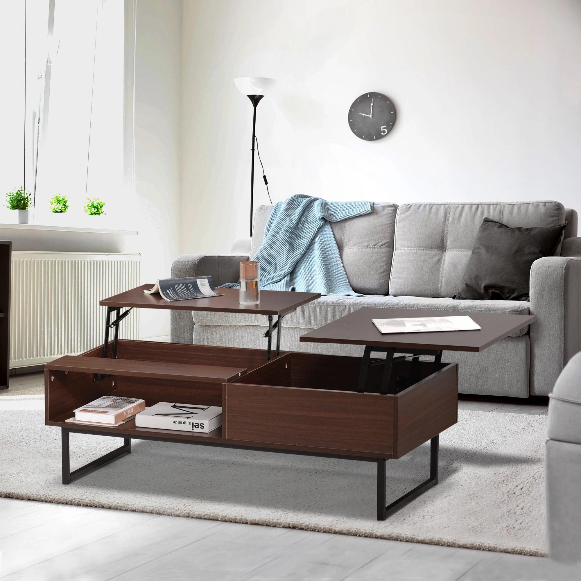 Modern Lift Top Coffee Table with Hidden Storage Compartment and Metal Frame, Center Table for Living Room, Brown