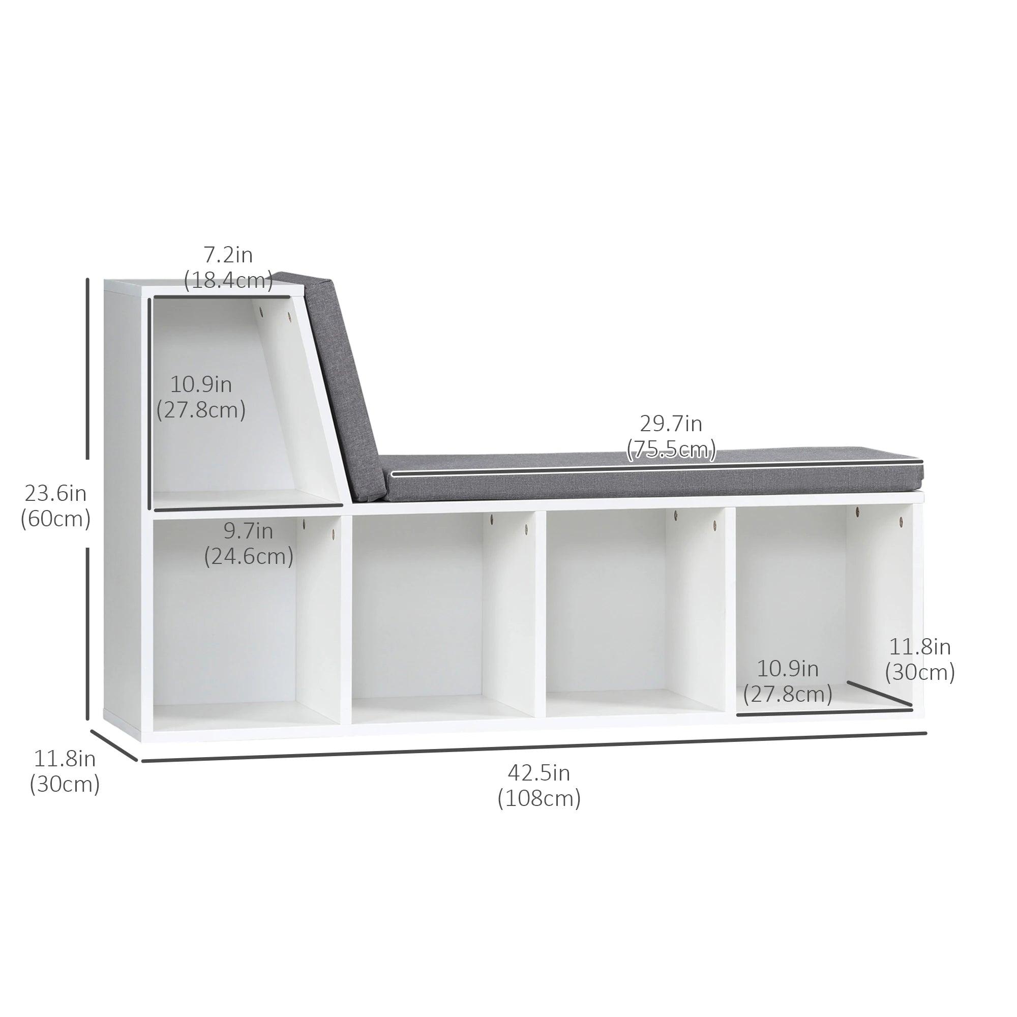 Multi-Purpose Bookshelf with 5 Cubes, 5-Cubby Kids Bookcase with Cushioned Reading Nook and Storage Shelves, Grey