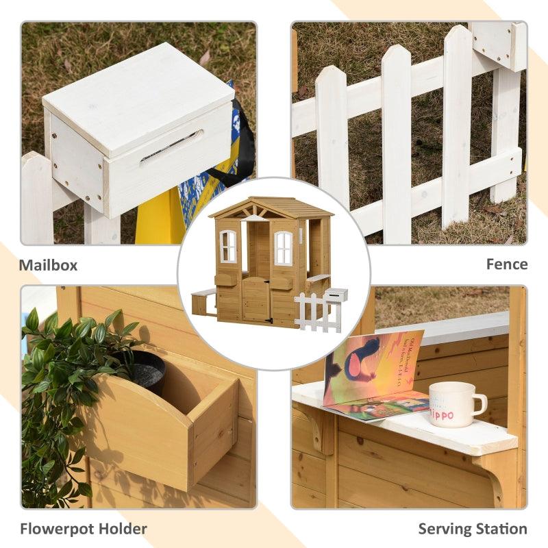 Playhouse for Kids Outdoor with Door Windows Mailbox Flower Pot Holder Serving Station Bench Natural