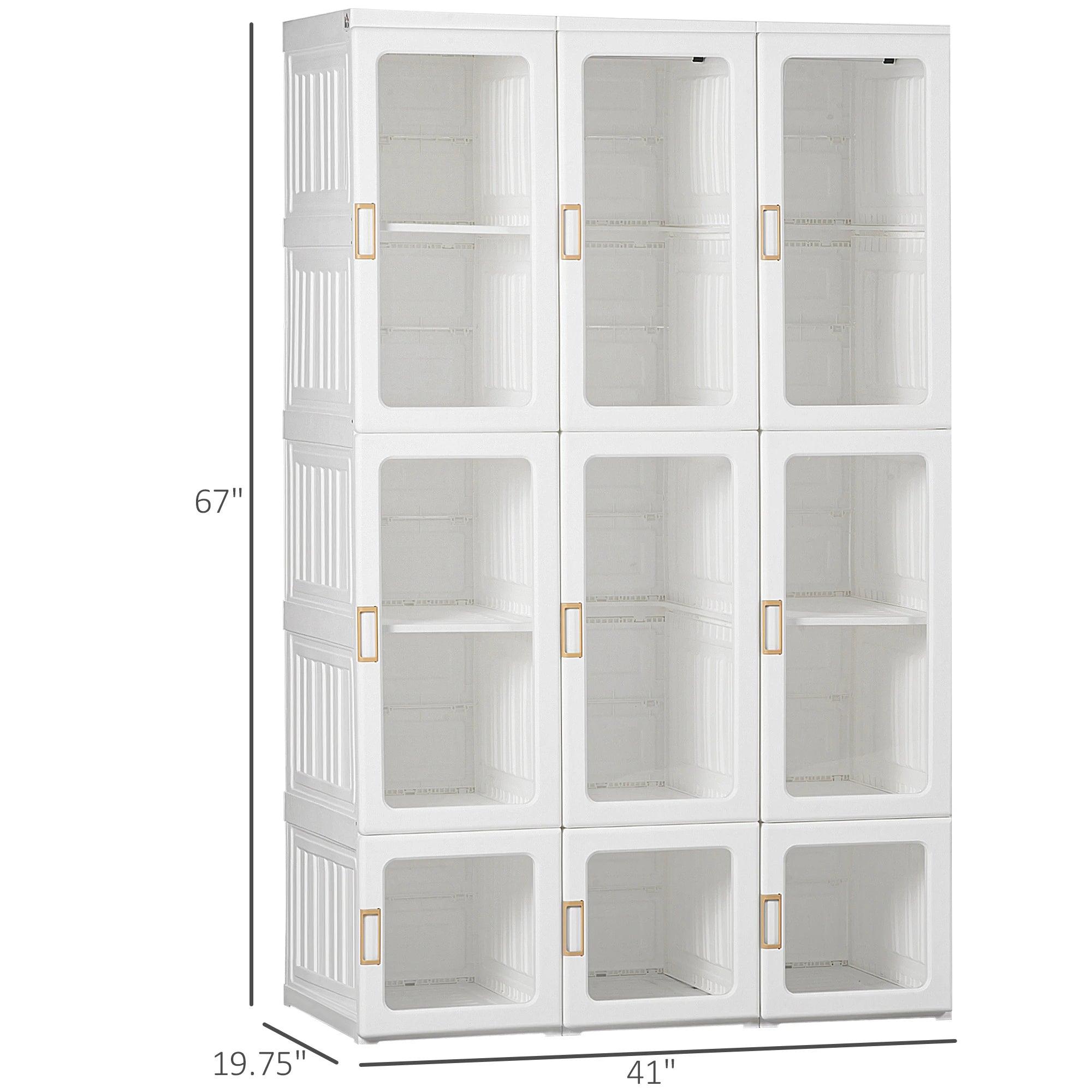 Portable Wardrobe Closet, Bedroom Armoire, Foldable Clothes Organizer with Cube Storage, Hanging Rods, Magnet Doors, White
