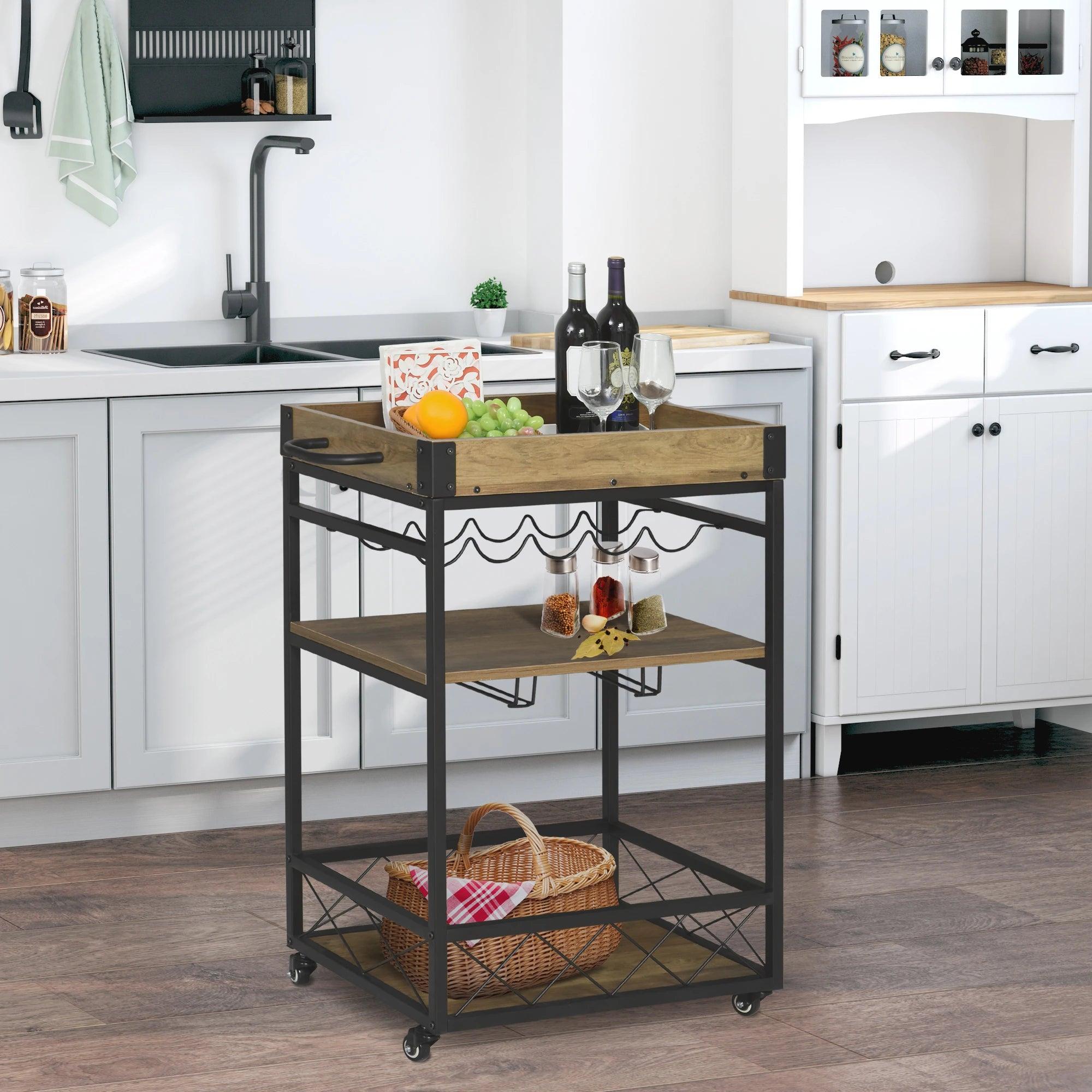 Retro Industrial Bar Serving Cart Rolling Kitchen Island Storage Utility Trolley with 5-bottle Wine Rack & Serving Tray