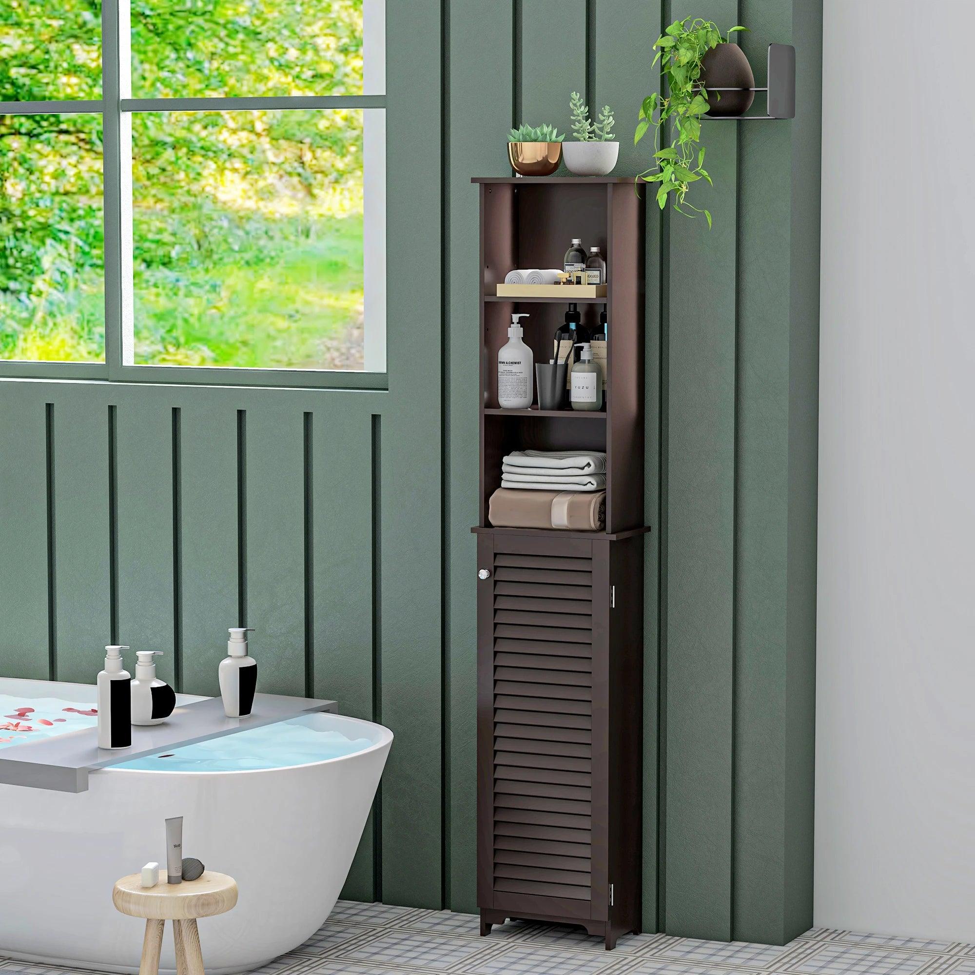 Tall Bathroom Storage Cabinet, Freestanding Linen Tower with 3-Tier Open Adjustable Shelf and Cupboard, Dark Brown