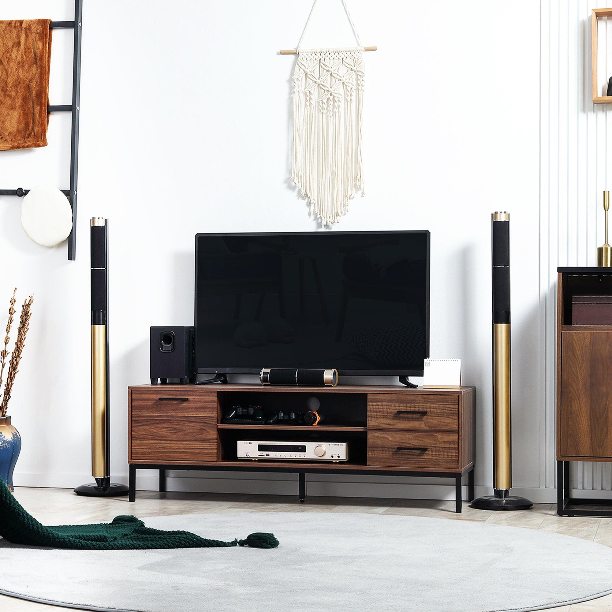 TV Stand for TV up to 50 Inches, TV Cabinet with Door, Open Storage and Drawers, TV Table with Steel Legs, Dark Walunt