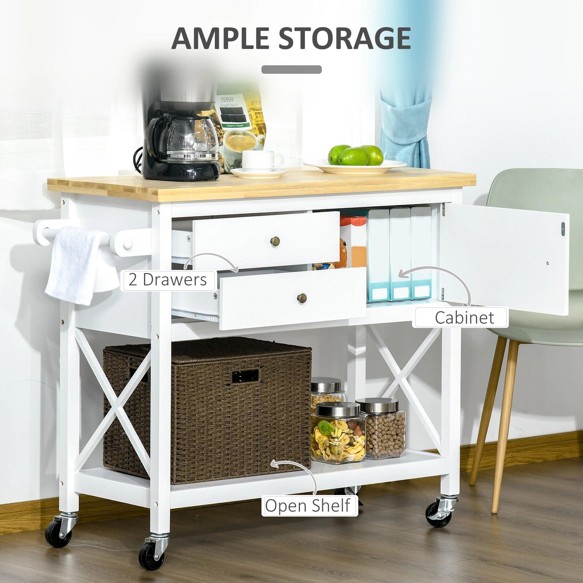 Utility Kitchen Cart Rolling Kitchen Island Storage Trolley with Rubberwood Top, 2 Drawers, Towel Rack, White