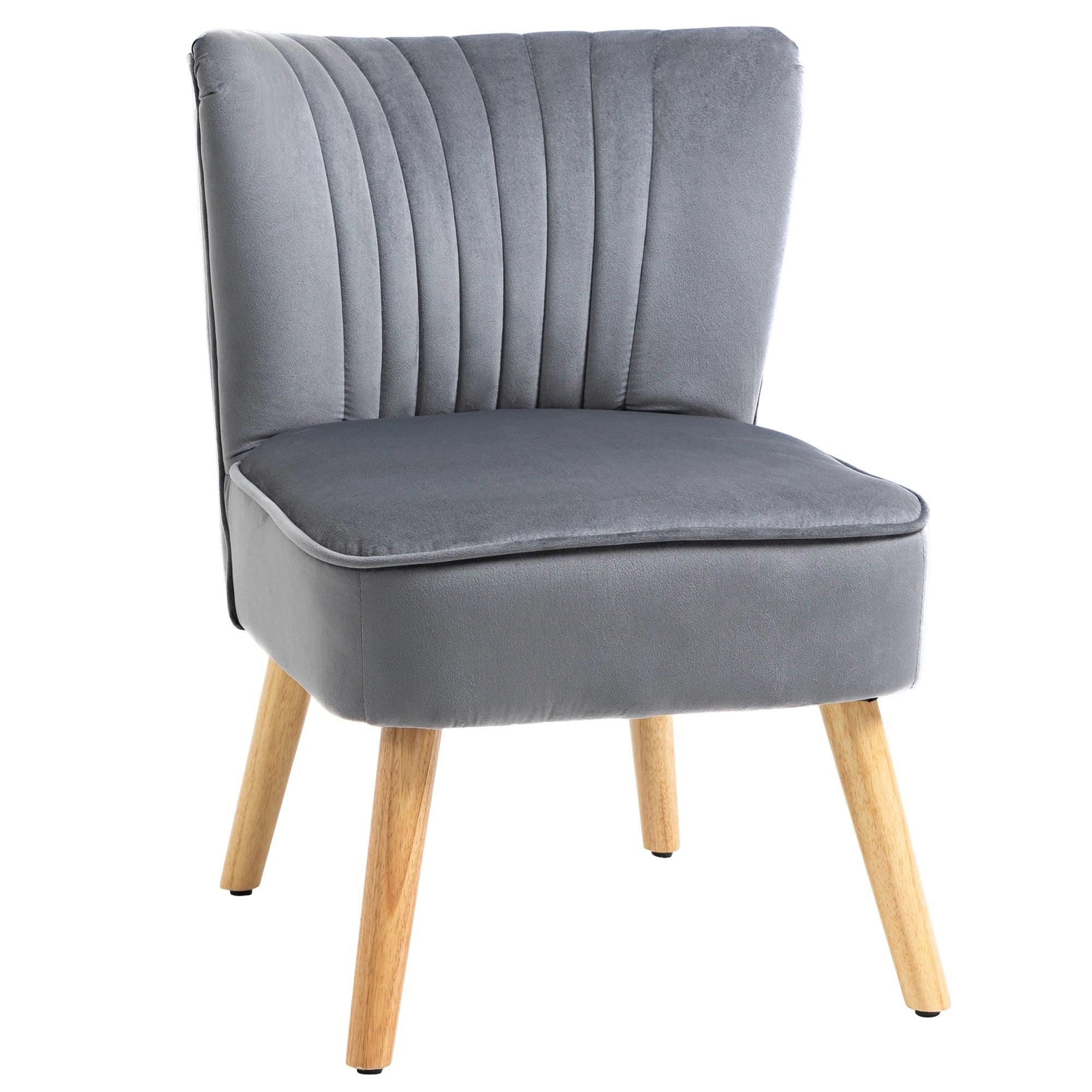 Velvet Armless Chair, Modern Accent Chair for Living Room with Wood Legs and Thick Padding, Grey