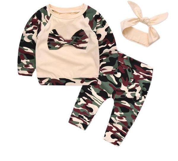 Baby Girl Striped Camo Headband Outfit Set
