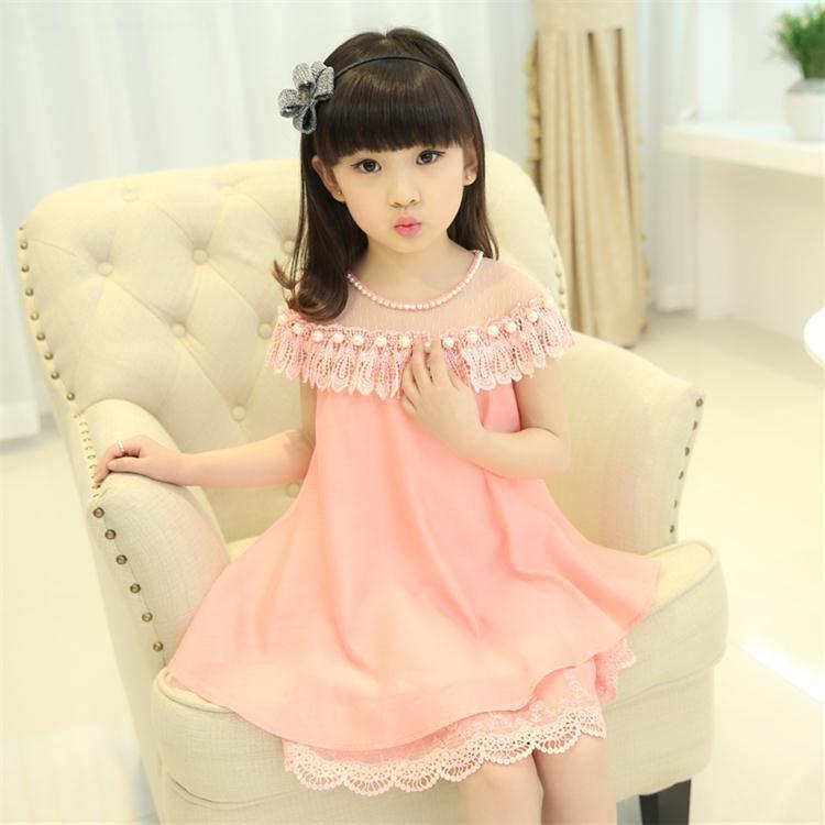 Cute Girls Dress Chiffon Lace Pearl Clothes