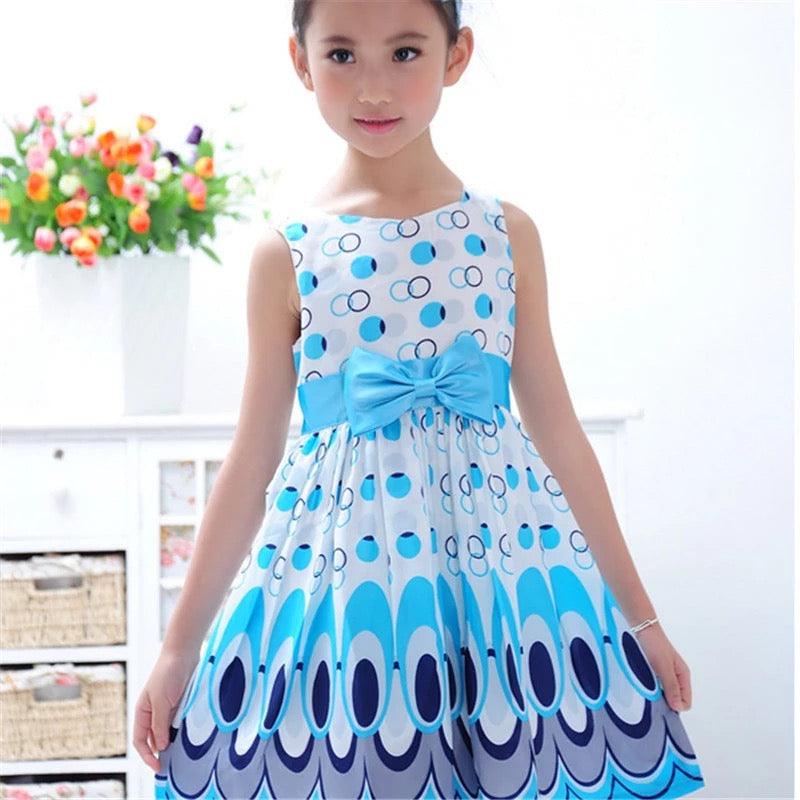 Cute Printed Girls Bow Peacock Party Dress