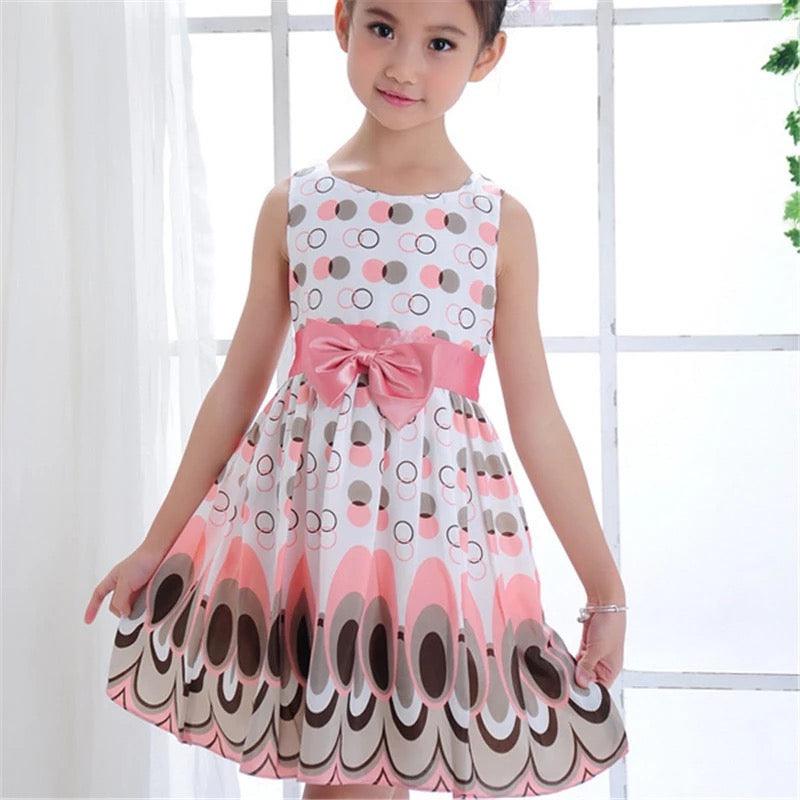 Cute Printed Girls Bow Peacock Party Dress