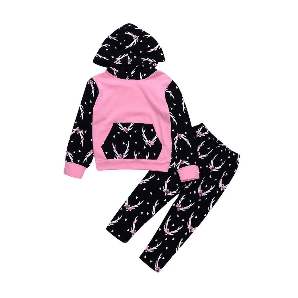 Girls Hoodie Reindeer Buckhorn Print Leggings Clothing Sets