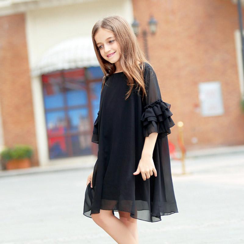 Teen Girls Black Flare Chiffon Dress