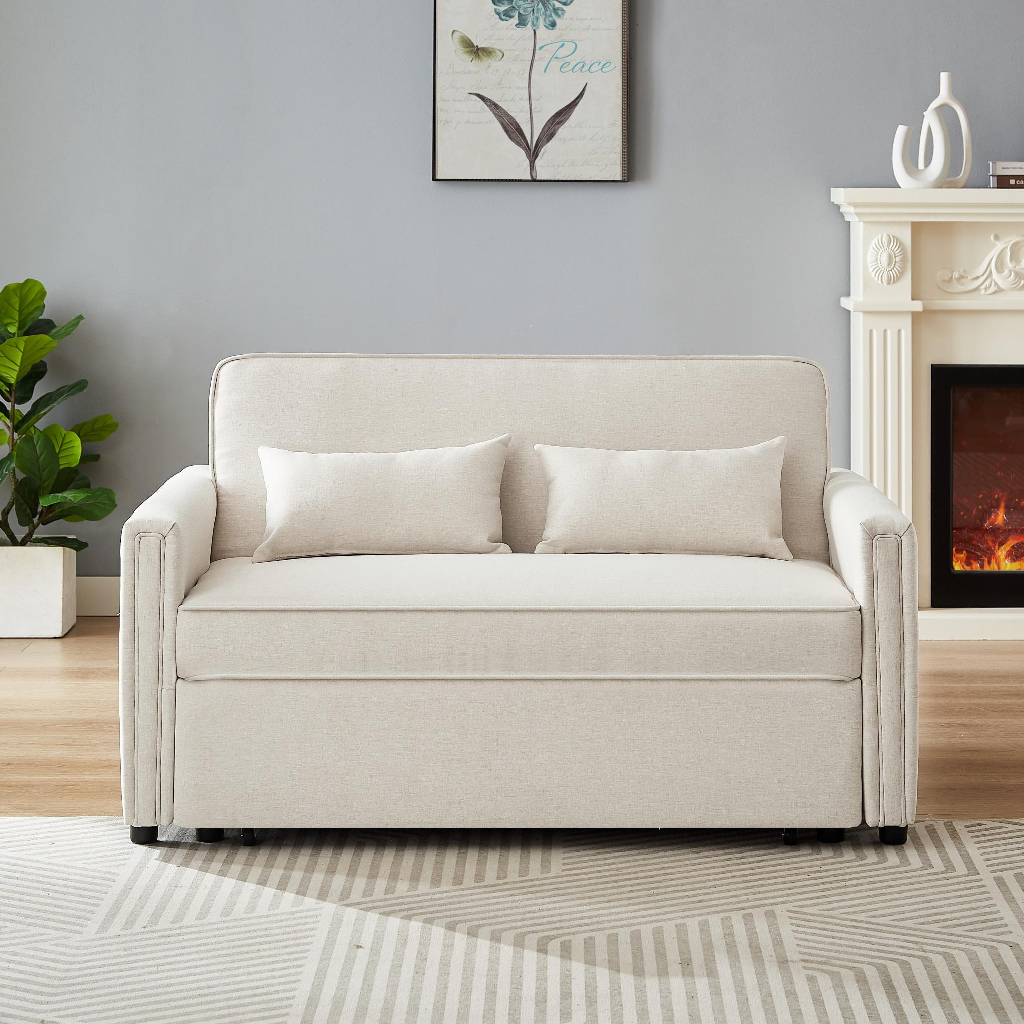Modern linen double-seater sofa with adjustable backrest, variable sofa bed with 2 lumbar pillows, suitable for a wide range of applications