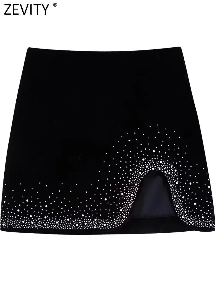 Zevity Women Fashion Shinning Sequined Design Irregular Velvet Mini Skirt Faldas Mujer Female Chic Side Zipper Vestidos QUN2663