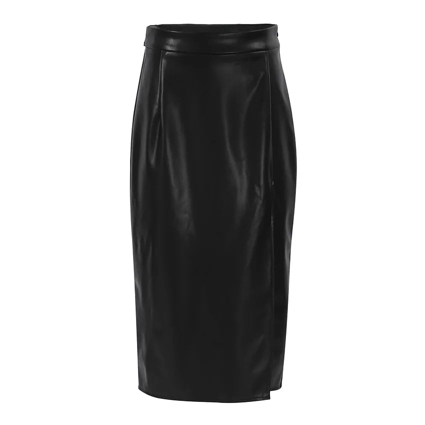 Slit PU Leather Mid-length Skirt Women's Autumn and Winter Sexy Black High Waist Ladies Office Pencil A-line Skirt