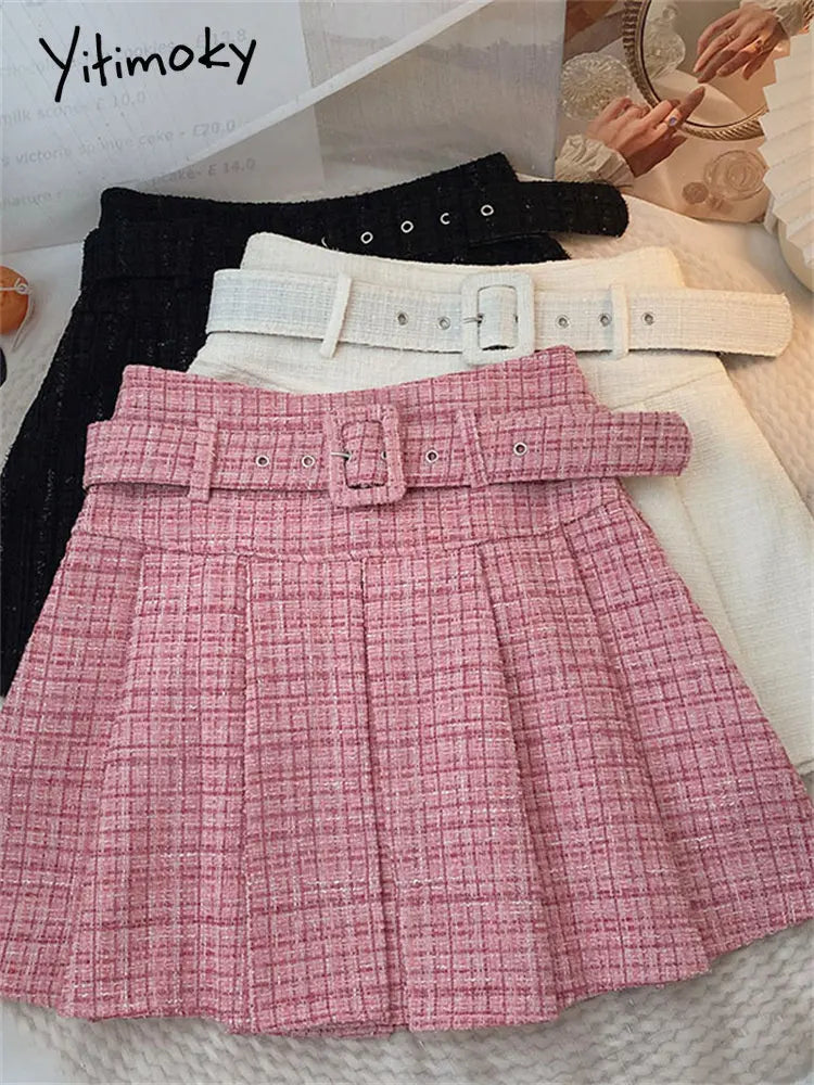 Yitimoky Chic Pleated Mini Skirts for Women 2022 Korean Fashion Y2k Skirt with Belt Fall Winter Casual A Line Vintage Skirts