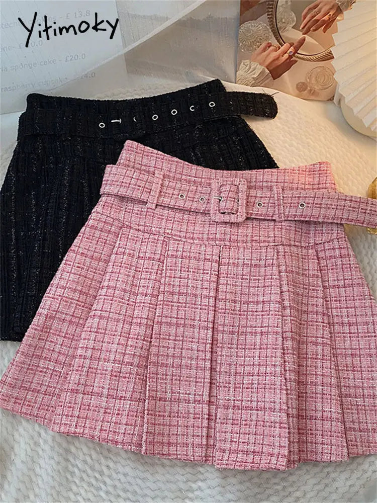 Yitimoky Chic Pleated Mini Skirts for Women 2022 Korean Fashion Y2k Skirt with Belt Fall Winter Casual A Line Vintage Skirts