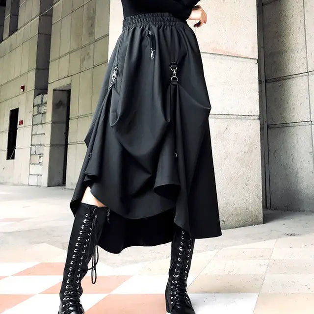 High Waist Cargo Skirts Woman Harajuku 2023 Loose A-line Pocket Midi Long Black Skirt Hip Hop Fashion Streetwear OverSize