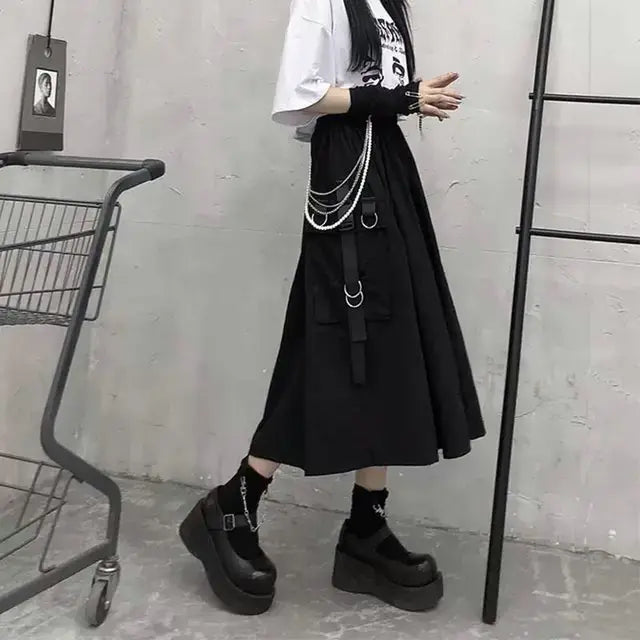 High Waist Cargo Skirts Woman Harajuku 2023 Loose A-line Pocket Midi Long Black Skirt Hip Hop Fashion Streetwear OverSize