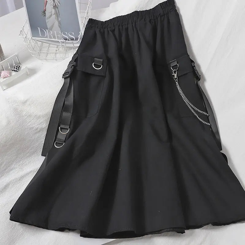 High Waist Cargo Skirts Woman Harajuku 2023 Loose A-line Pocket Midi Long Black Skirt Hip Hop Fashion Streetwear OverSize