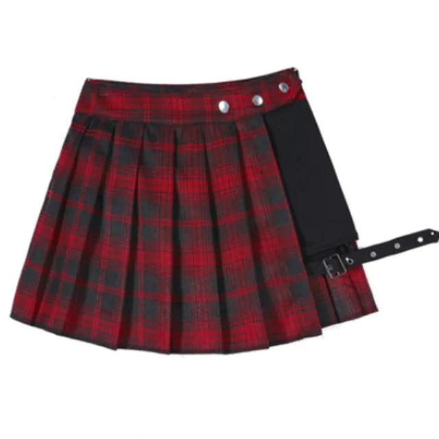 Pleated Girls Gothic Half Skirts Summer Harajuku Punk Style Plaid Irregular Skirts Women Asymmetrical High Waist Black Skirts